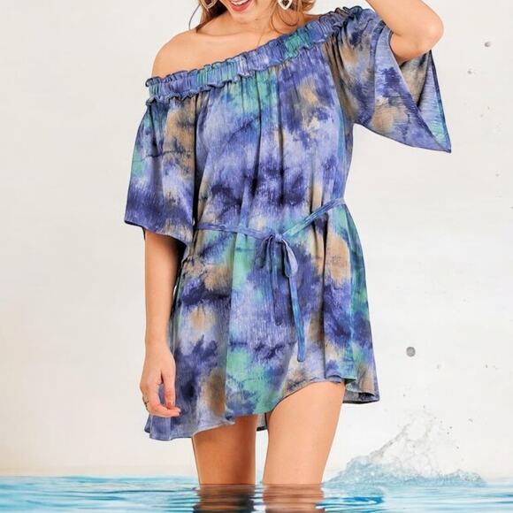 NEW Off Shoulder Tie Dye Dress Women Medium Tunic Blue Green Bell Sleeve Country - Picture 3 of 16